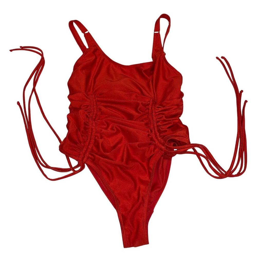 Wolf & Whistle Women's Fringed One Piece Swimsuit Size 6 DDD (F-G) Red Ruched